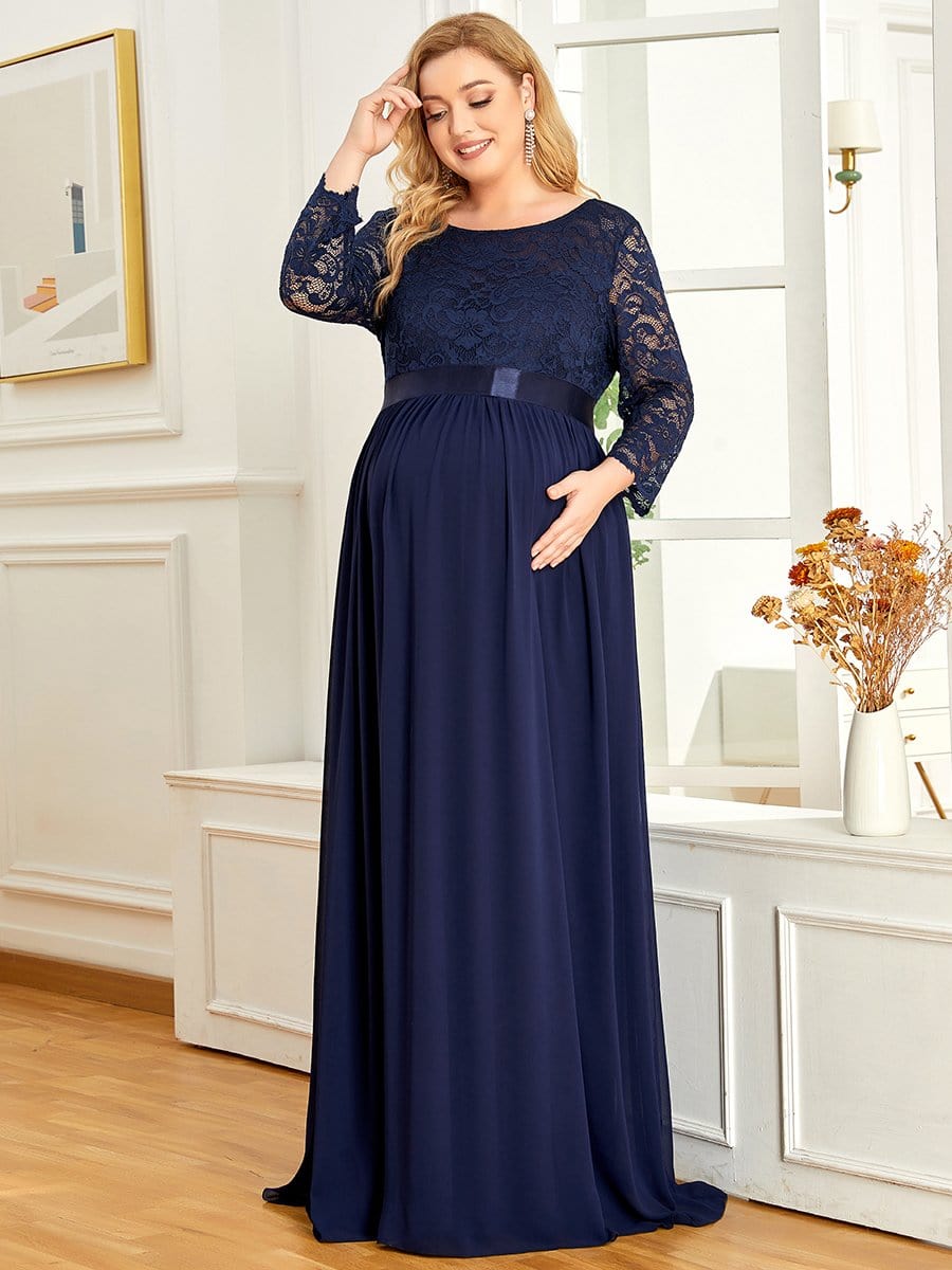 Plus Size Long Lace Sleeve Maternity Formal Dresses #color_Navy Blue 