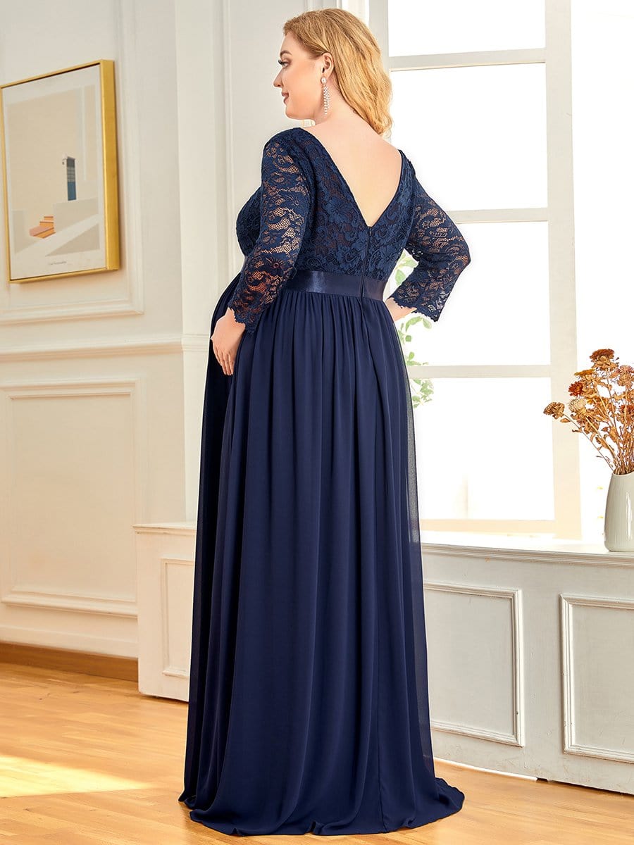 Plus Size Long Lace Sleeve Maternity Formal Dresses #color_Navy Blue 