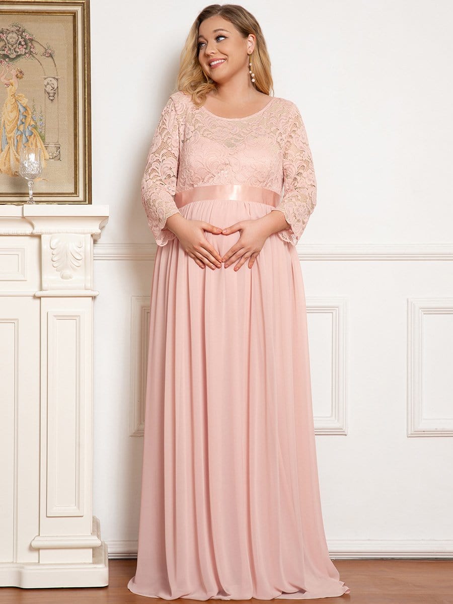 Plus Size Long Lace Sleeve Maternity Formal Dresses #color_Pink 