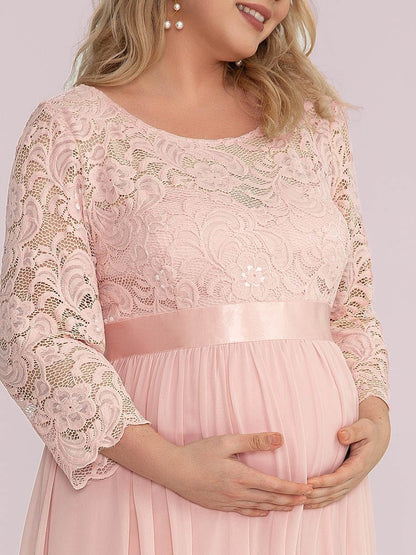 Plus Size Long Lace Sleeve Maternity Formal Dresses #color_Pink 