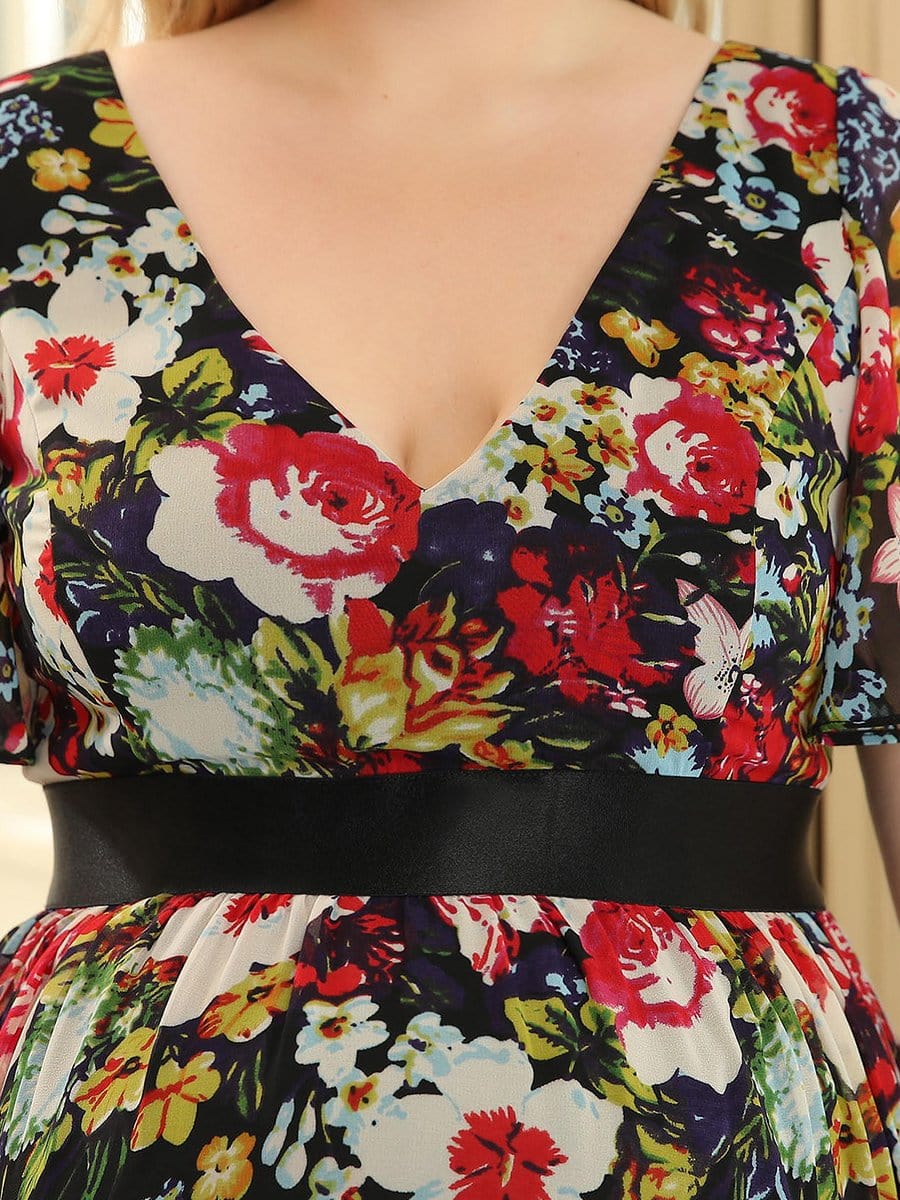 Plus Size Floral Print V-Neck Short Sleeve Ruffle Bump Friendly Dress #color_Black and Printed 