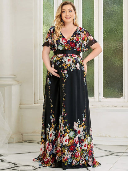 Plus Size Floral Print V-Neck Short Sleeve Ruffle Maternity Dress