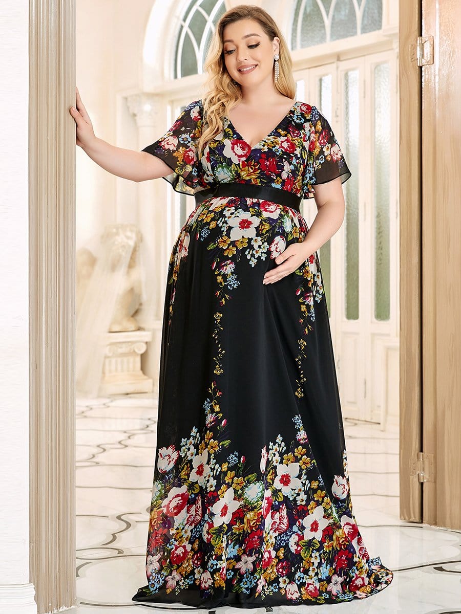 Plus Size Floral Print V-Neck Short Sleeve Ruffle Bump Friendly Dress #color_Black and Printed 