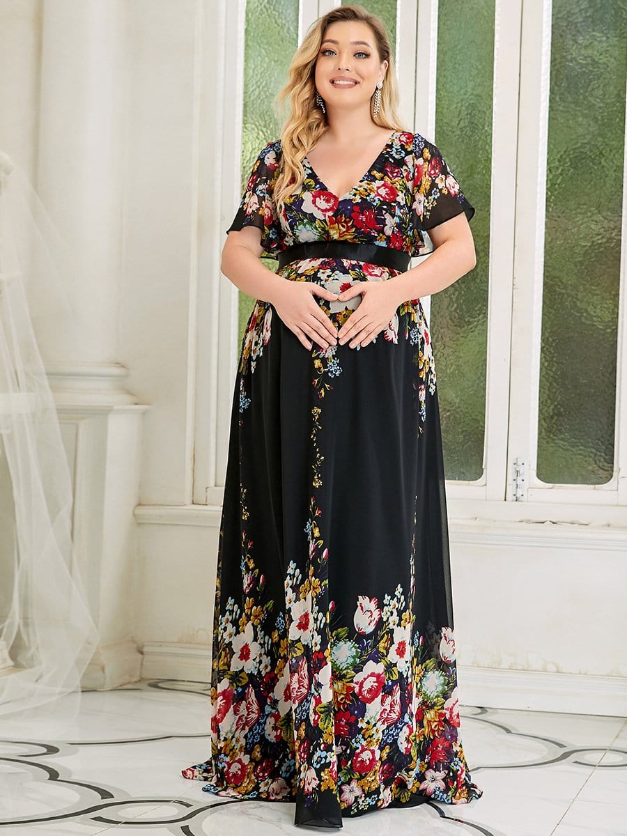 Plus Size Floral Print V-Neck Short Sleeve Ruffle Bump Friendly Dress #color_Black and Printed 