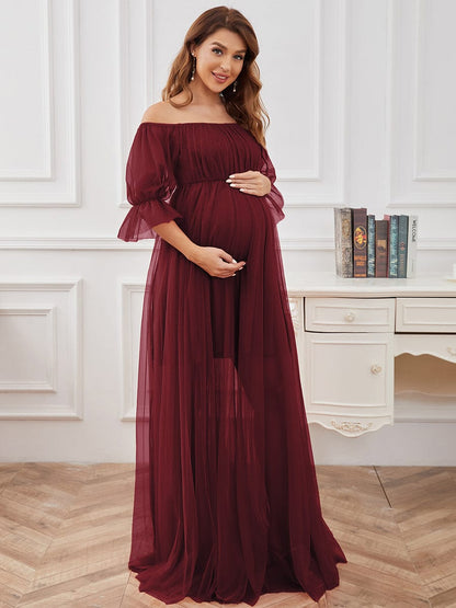 Sheer Off-Shoulder Double Skirt Maxi Maternity Dress #color_Burgundy