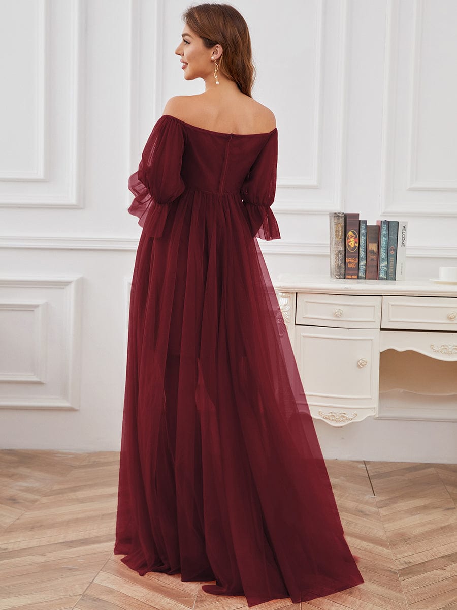 Sheer Off-Shoulder Double Skirt Maxi Maternity Dress #color_Burgundy