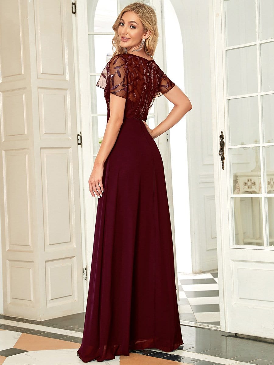 Sequin Print Evening Dresses for Women with Sleeves #color_Burgundy 