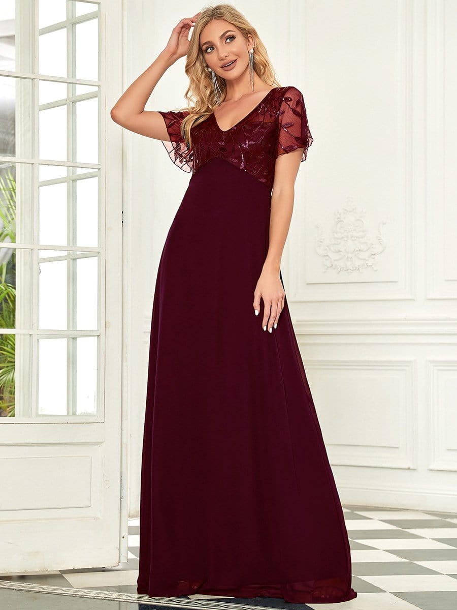 Sequin Print Evening Dresses for Women with Sleeves #color_Burgundy 