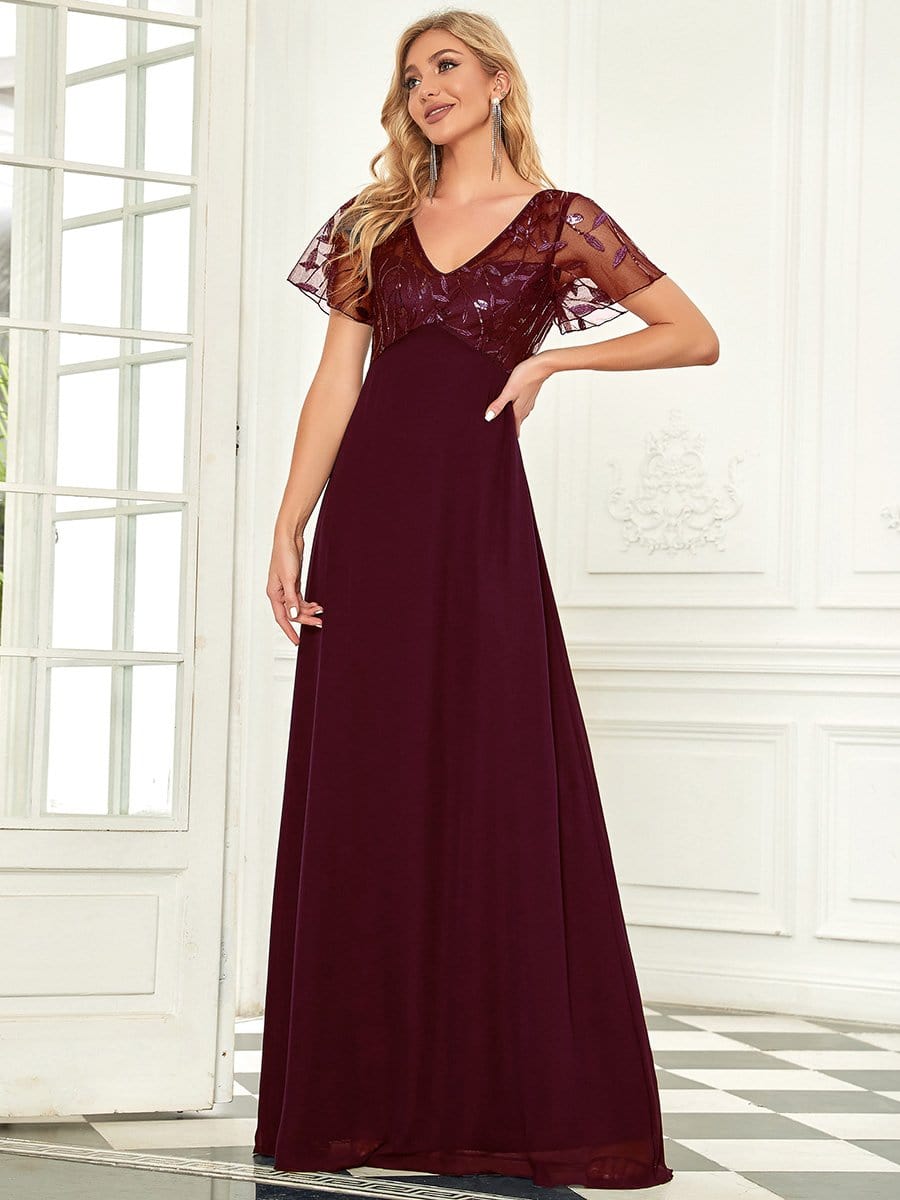 Sequin Print Evening Dresses for Women with Sleeves #color_Burgundy 