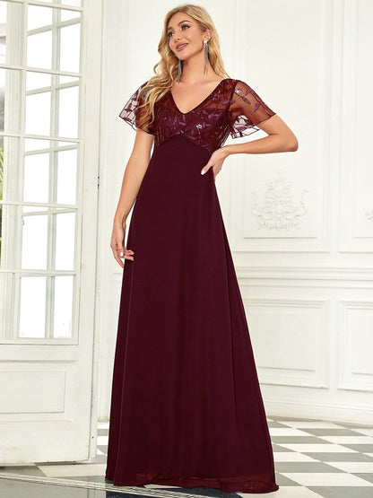 Sequin Print Evening Dresses for Women with Sleeves #color_Burgundy 