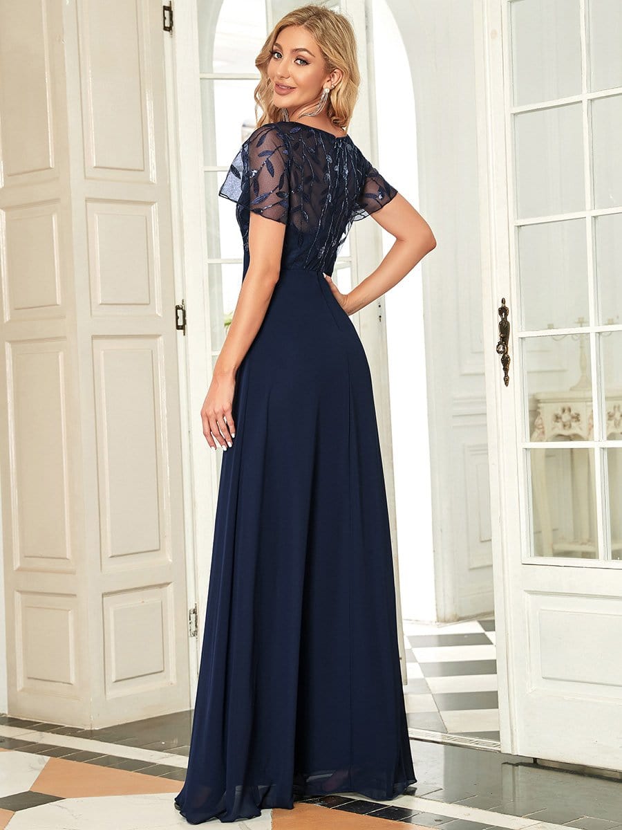 Sequin Print Evening Dresses for Women with Sleeves #color_Navy Blue 