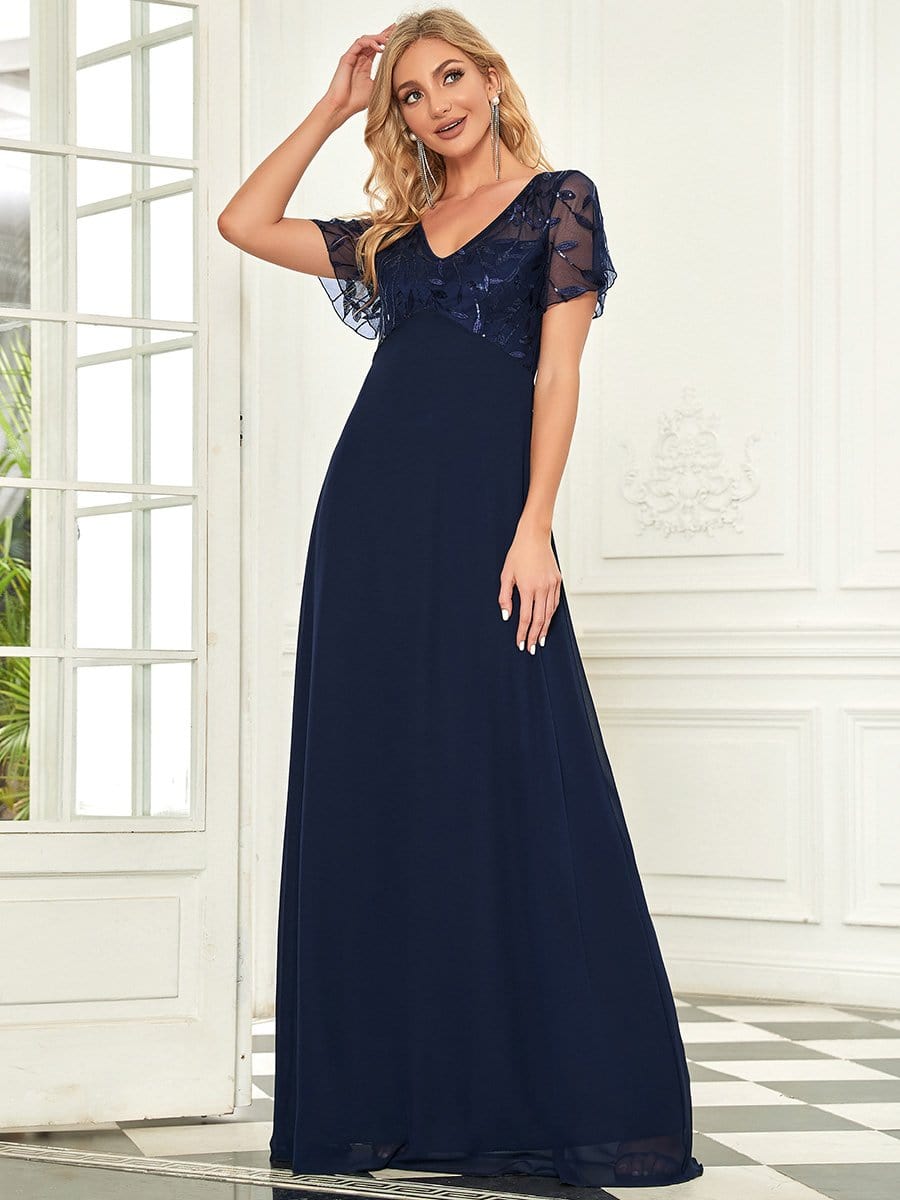 Sequin Print Evening Dresses for Women with Sleeves #color_Navy Blue 