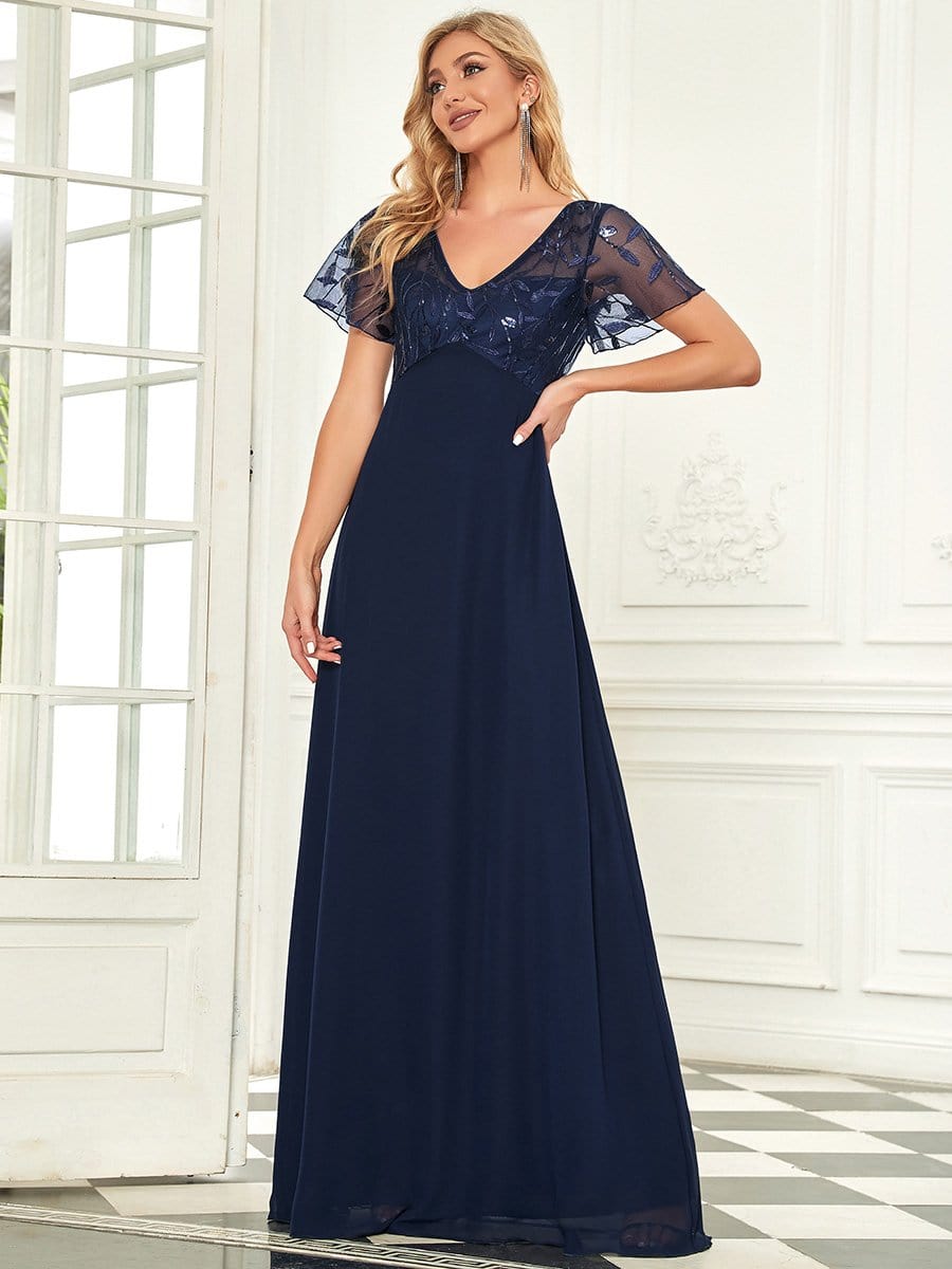 Sequin Print Evening Dresses for Women with Sleeves #color_Navy Blue 