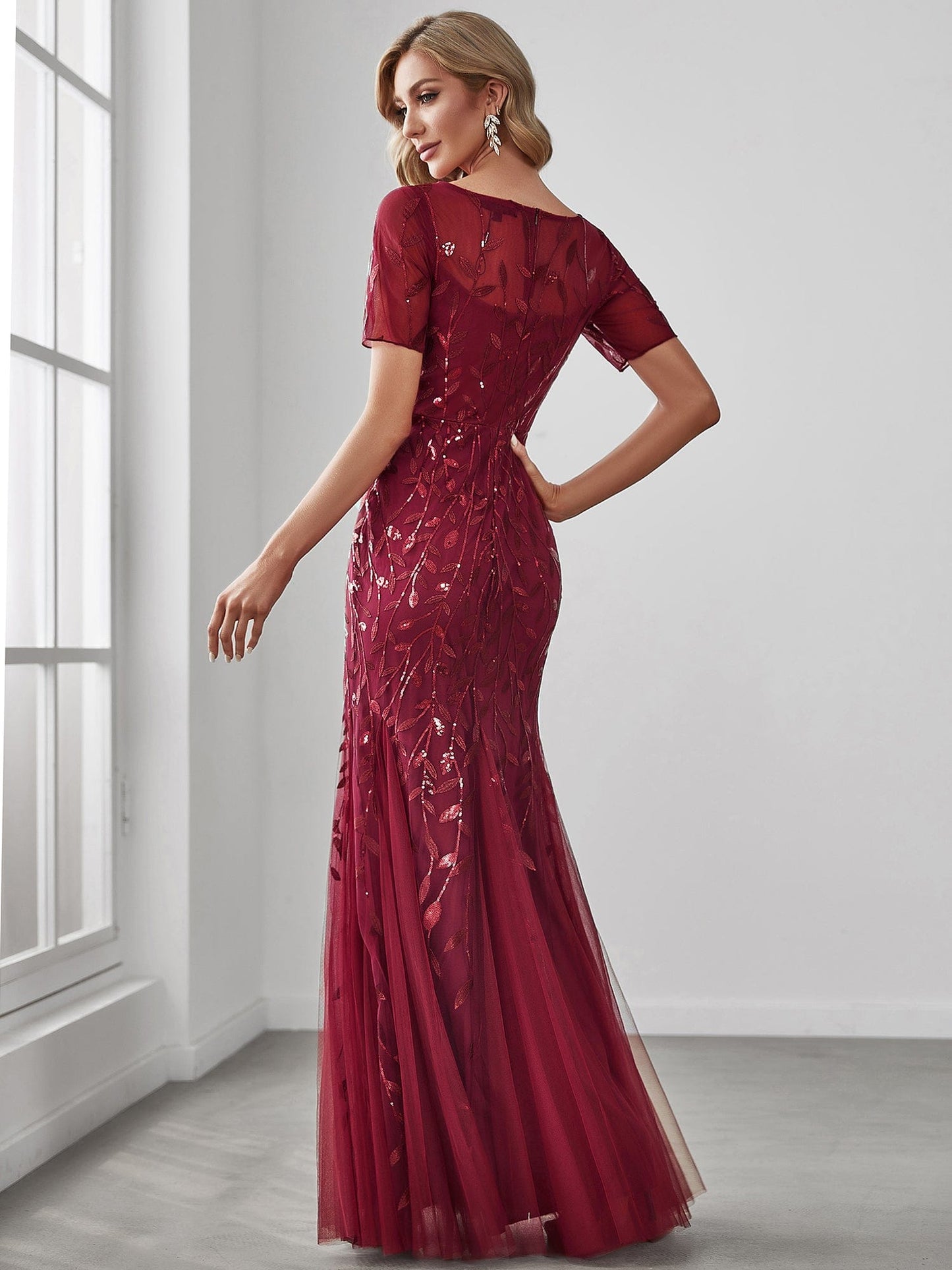 Floral Sequin Print Maxi Long Fishtail Tulle Dresses With Half Sleeve #Color_Burgundy