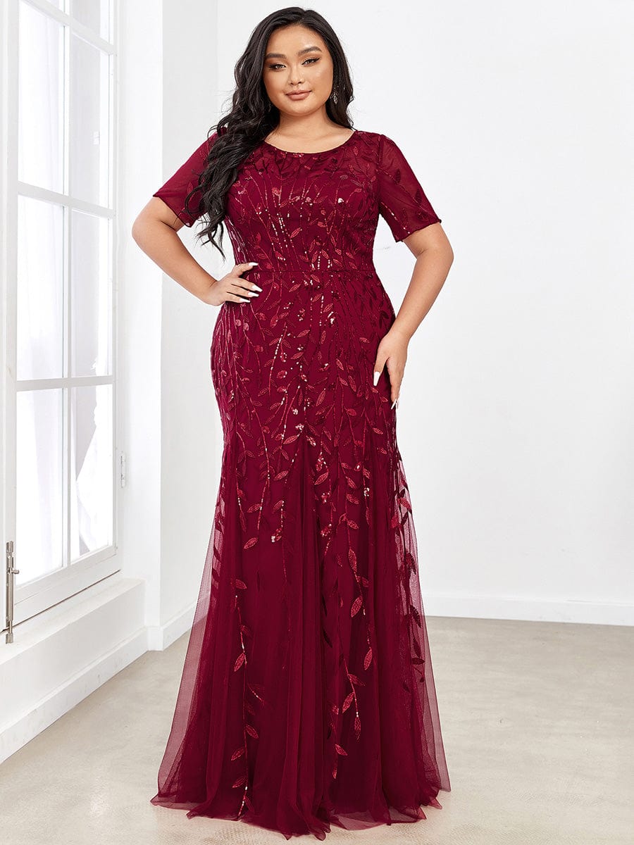 Floral Sequin Print Plus Size Mermaid Tulle Evening Dress #color_Burgundy 