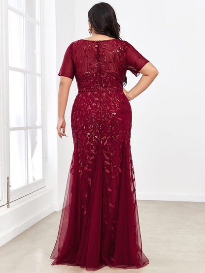 Floral Sequin Print Plus Size Mermaid Tulle Evening Dress #color_Burgundy 