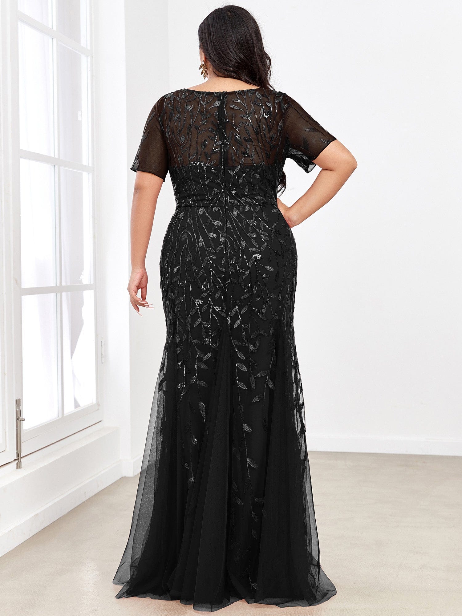 Floral Sequin Print Plus Size Mermaid Tulle Evening Dress #color_Black 