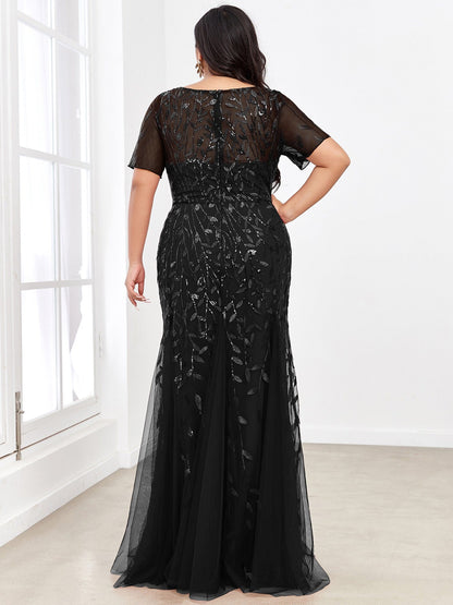 Floral Sequin Print Plus Size Mermaid Tulle Evening Dress #color_Black 