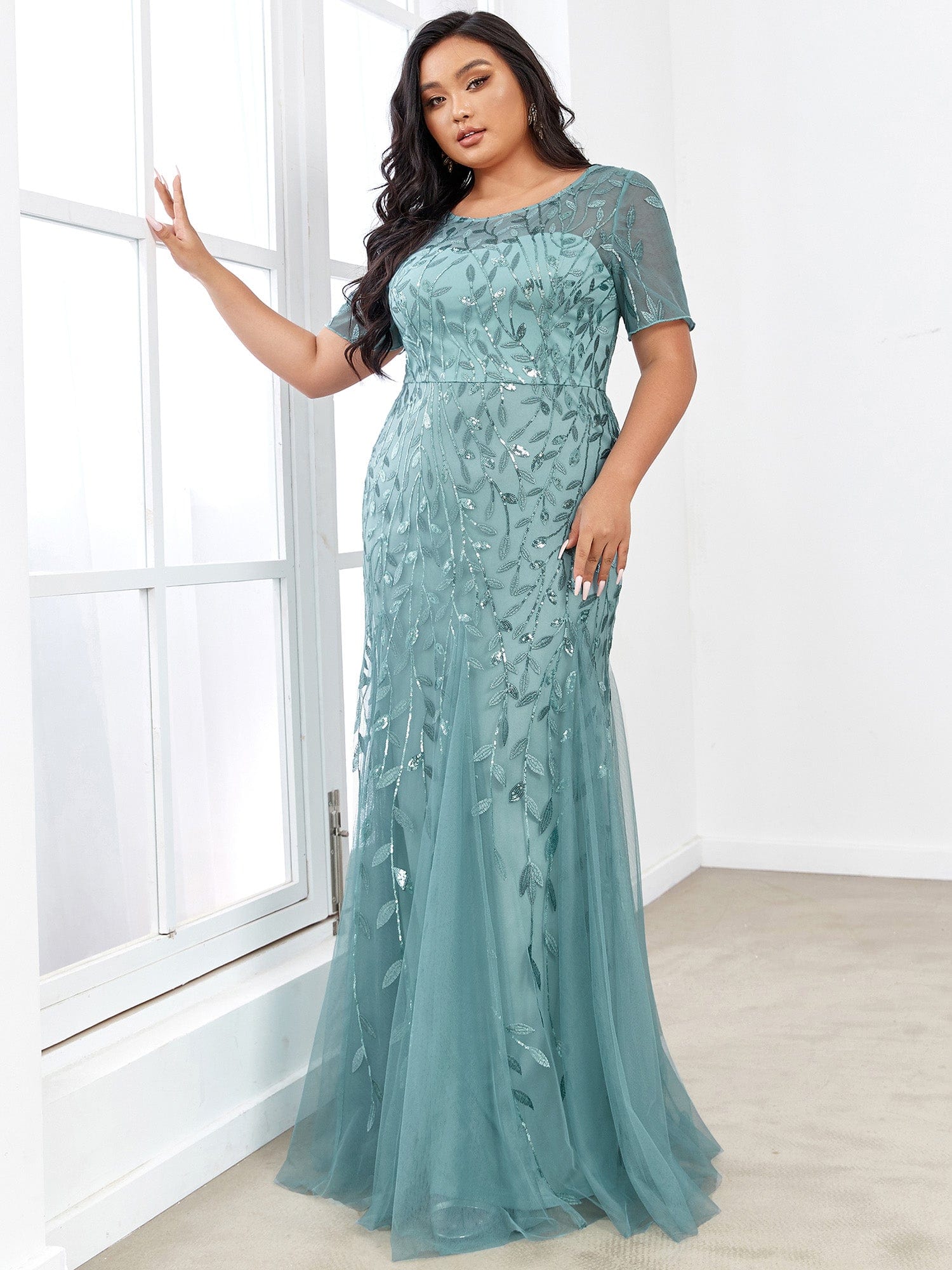 Floral Sequin Print Plus Size Mermaid Tulle Evening Dress #color_Dusty Blue 