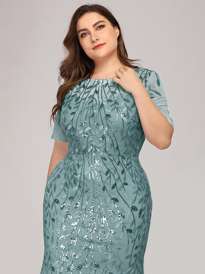 Floral Sequin Print Plus Size Mermaid Tulle Evening Dress #color_Dusty Blue 