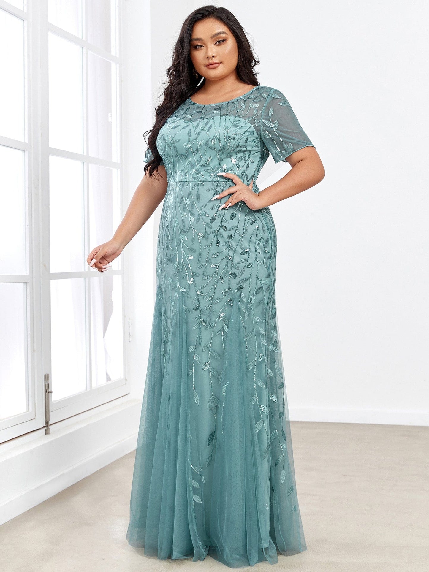 Floral Sequin Print Plus Size Mermaid Tulle Evening Dress #color_Dusty Blue 