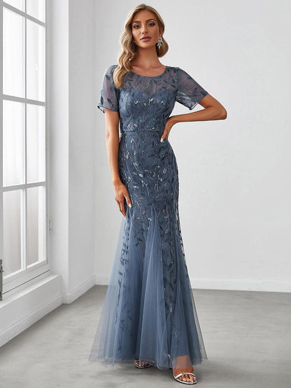 Floral Sequin Maxi Fishtail Tulle Prom Dress with Half Sleeve #Color_Dusty Navy