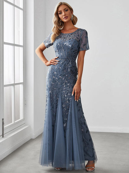 Floral Sequin Maxi Fishtail Tulle Prom Dress with Half Sleeve #Color_Dusty Navy