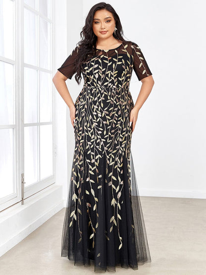 Floral Sequin Print Plus Size Mermaid Tulle Evening Dress #color_Black & Gold 