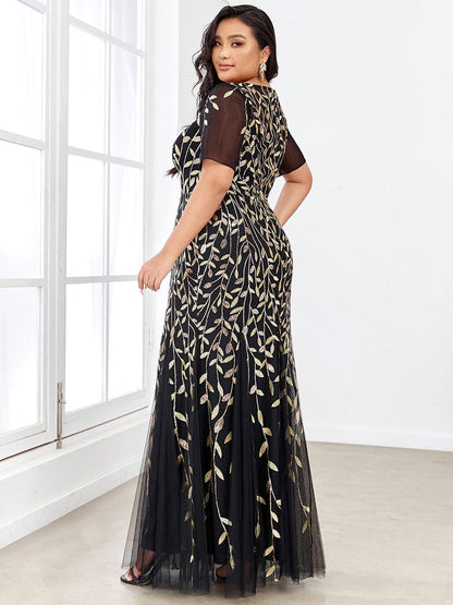 Floral Sequin Print Plus Size Mermaid Tulle Evening Dress #color_Black & Gold 