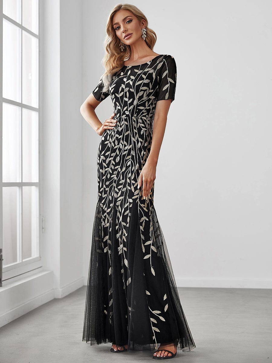 Floral Sequin Print Maxi Long Fishtail Tulle Dresses With Half Sleeve #Color_Black & Gold