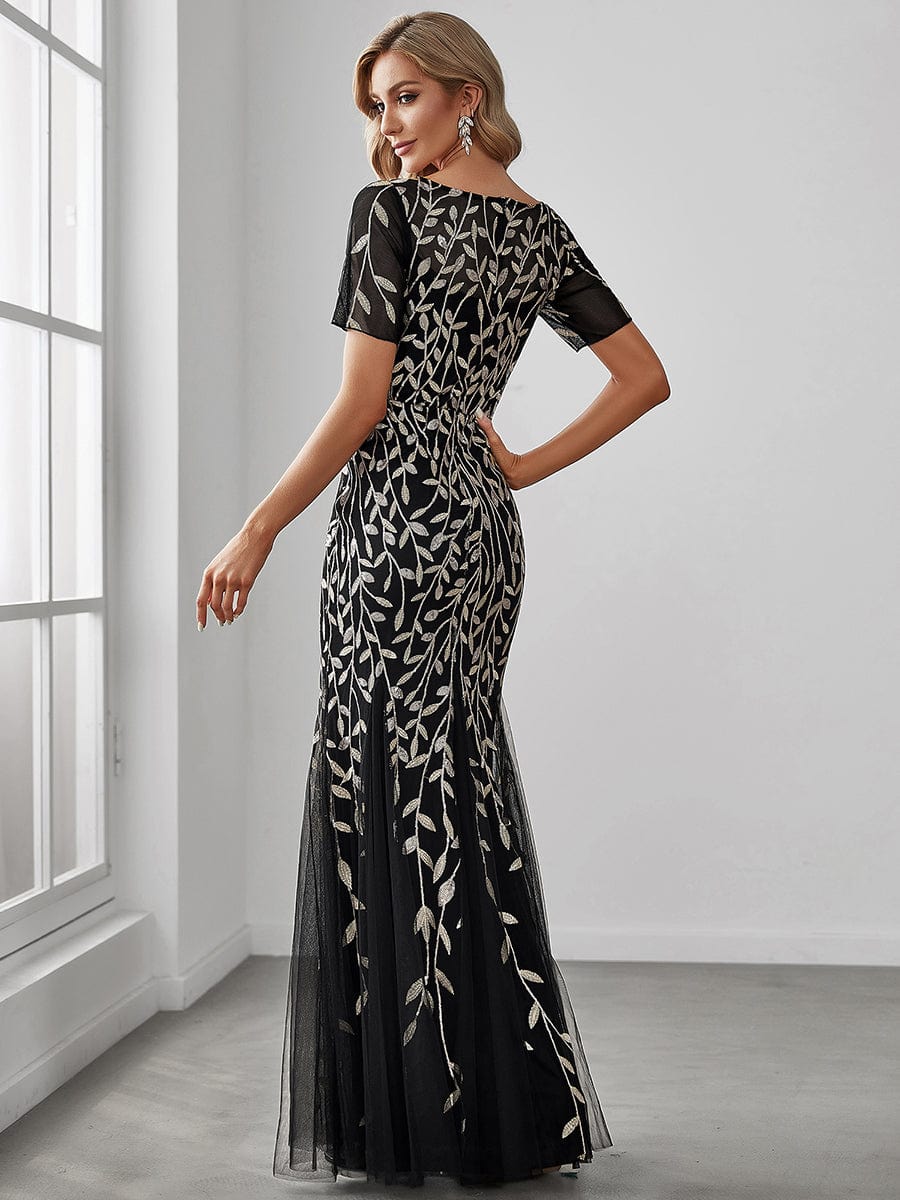 Floral Sequin Print Maxi Long Fishtail Tulle Dresses With Half Sleeve #Color_Black & Gold