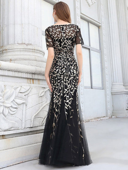 Floral Sequin Print Maxi Long Fishtail Tulle Dresses With Half Sleeve #Color_Black & Gold