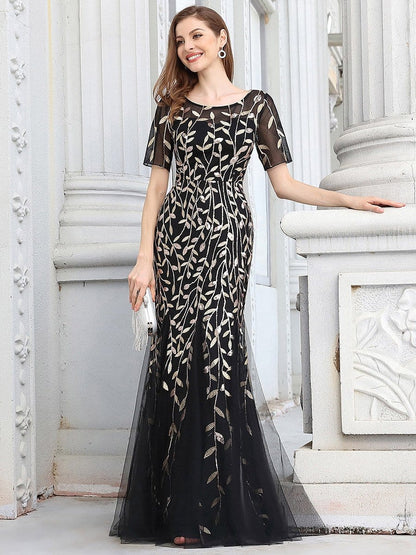 Floral Sequin Print Maxi Long Fishtail Tulle Dresses With Half Sleeve #Color_Black & Gold