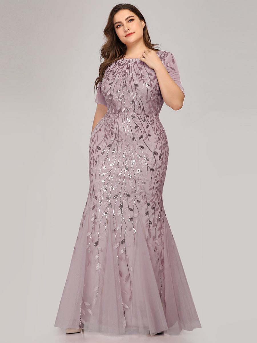 Floral Sequin Print Plus Size Mermaid Tulle Evening Dress #color_Lilac