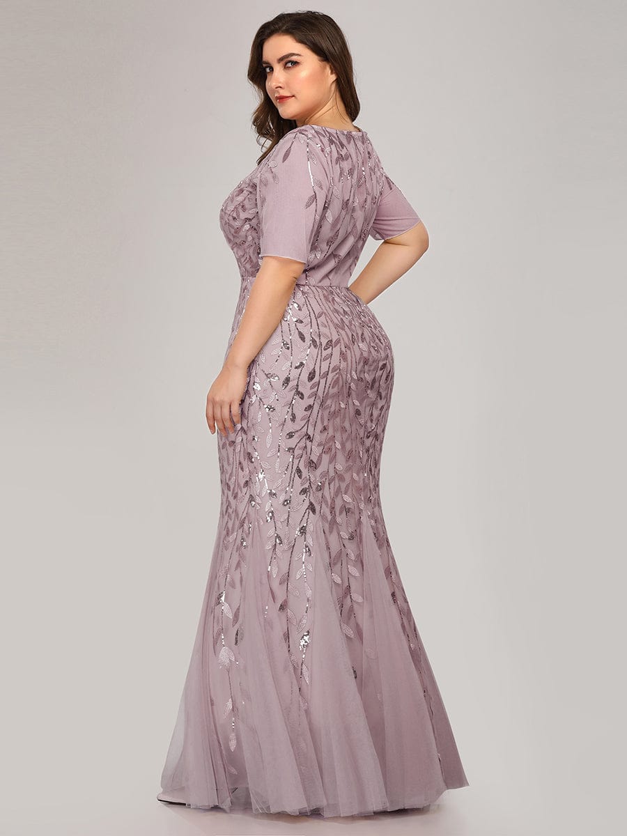 Floral Sequin Print Plus Size Mermaid Tulle Evening Dress #color_Lilac