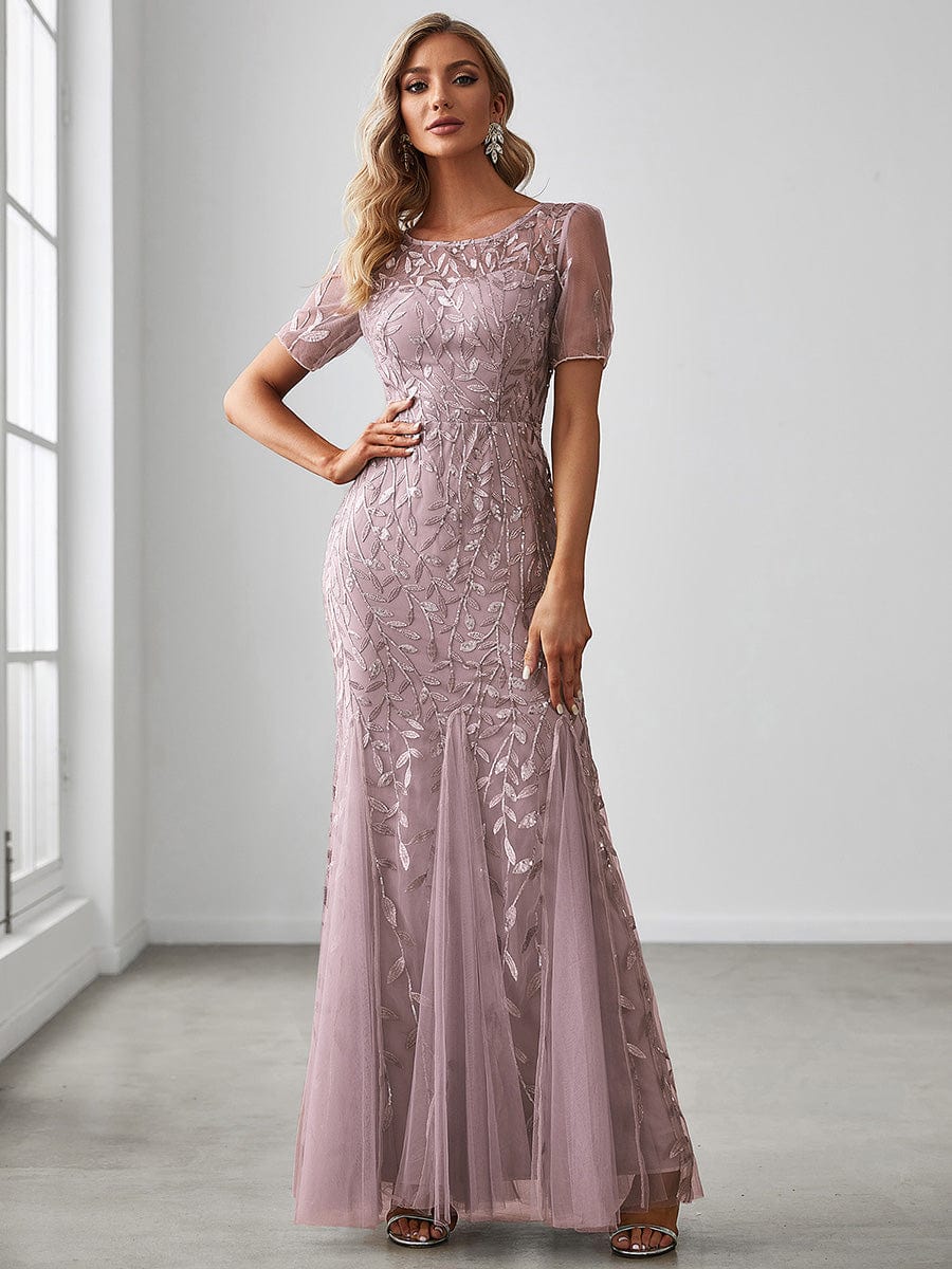 Floral Sequin Print Maxi Long Fishtail Tulle Dresses With Half Sleeve #Color_Lilac