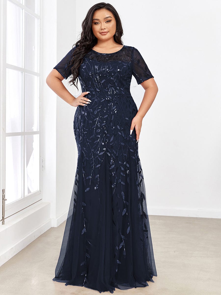 Floral Sequin Print Plus Size Mermaid Tulle Evening Dress #color_Navy Blue 