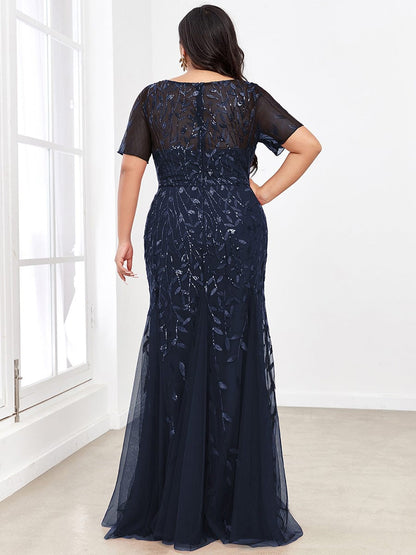 Floral Sequin Print Plus Size Mermaid Tulle Evening Dress #color_Navy Blue 