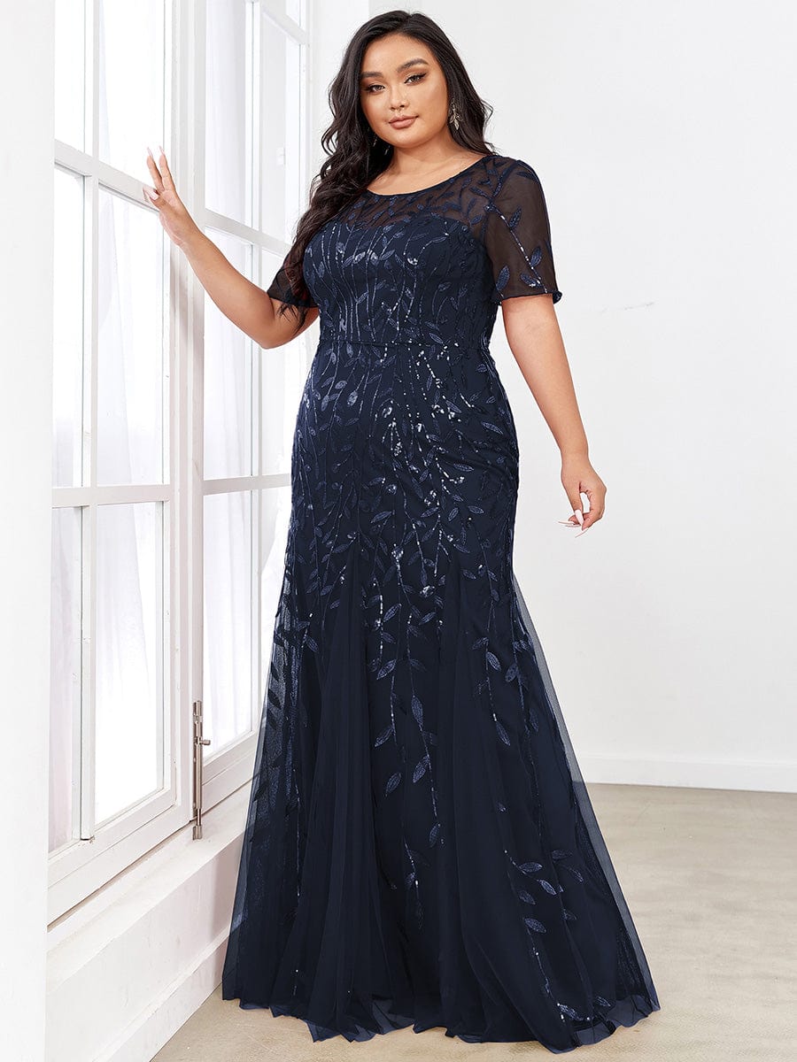 Floral Sequin Print Plus Size Mermaid Tulle Evening Dress #color_Navy Blue 