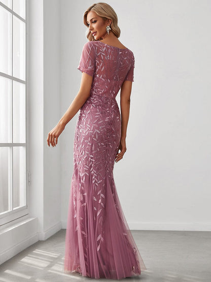 Floral Sequin Print Maxi Long Fishtail Tulle Dresses With Half Sleeve #Color_Purple Orchid