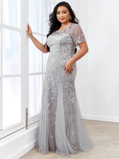 Floral Sequin Print Plus Size Mermaid Tulle Evening Dress #color_Silver 