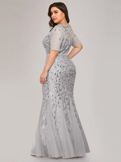 Floral Sequin Print Plus Size Mermaid Tulle Evening Dress #color_Silver 