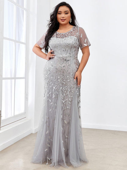 Floral Sequin Print Plus Size Mermaid Tulle Evening Dress #color_Silver 