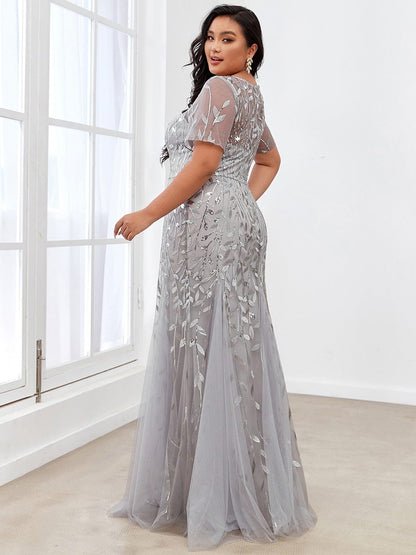 Floral Sequin Print Plus Size Mermaid Tulle Evening Dress #color_Silver 