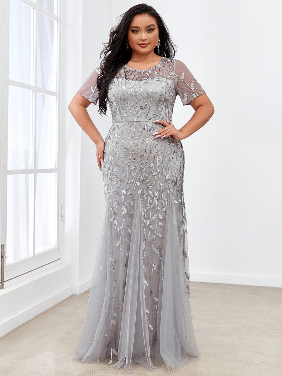 Floral Sequin Print Plus Size Mermaid Tulle Evening Dress #color_Silver 